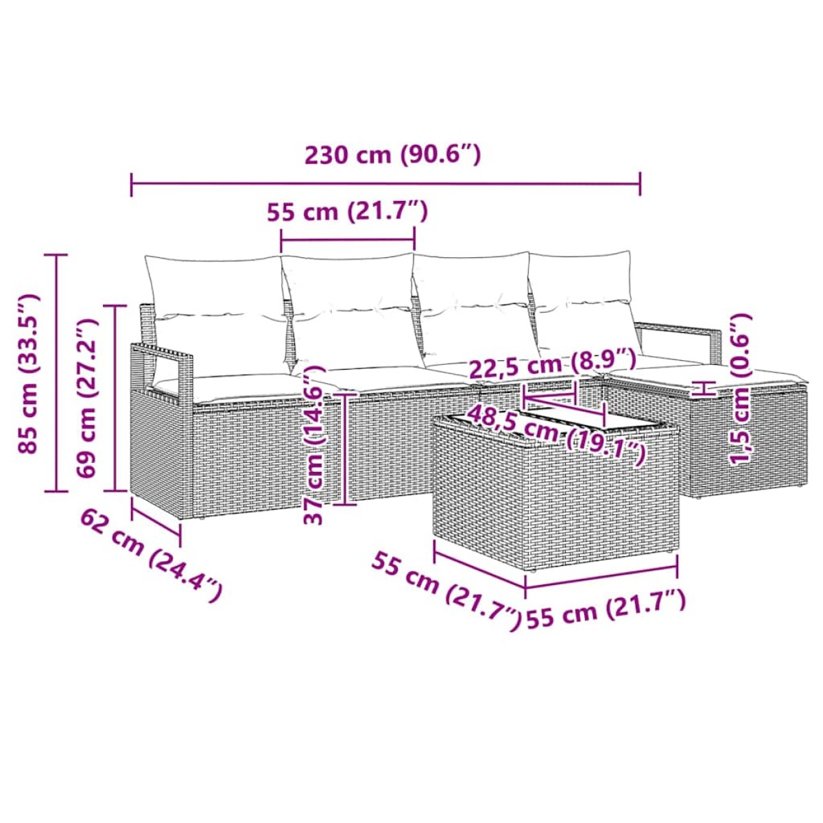 vidaXL Σετ Καναπέ με μαξιλάρι 6 pcs Γκρι συνθετικό ρατάν