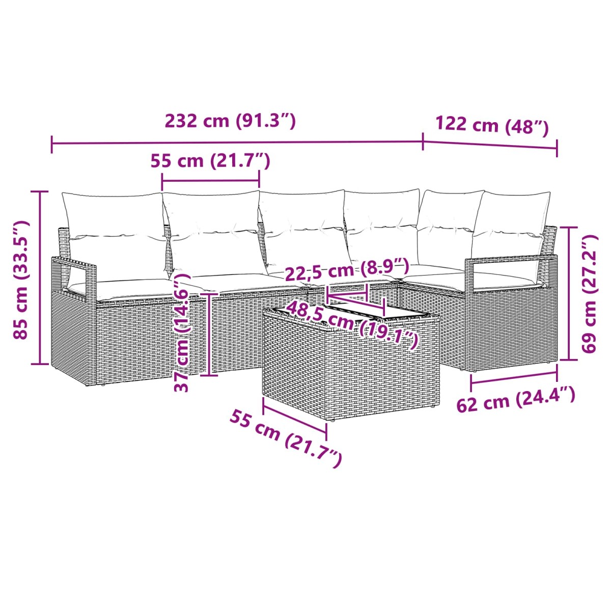 vidaXL Σετ Καναπέ 6 pcs Γκρι συνθετικό ρατάν