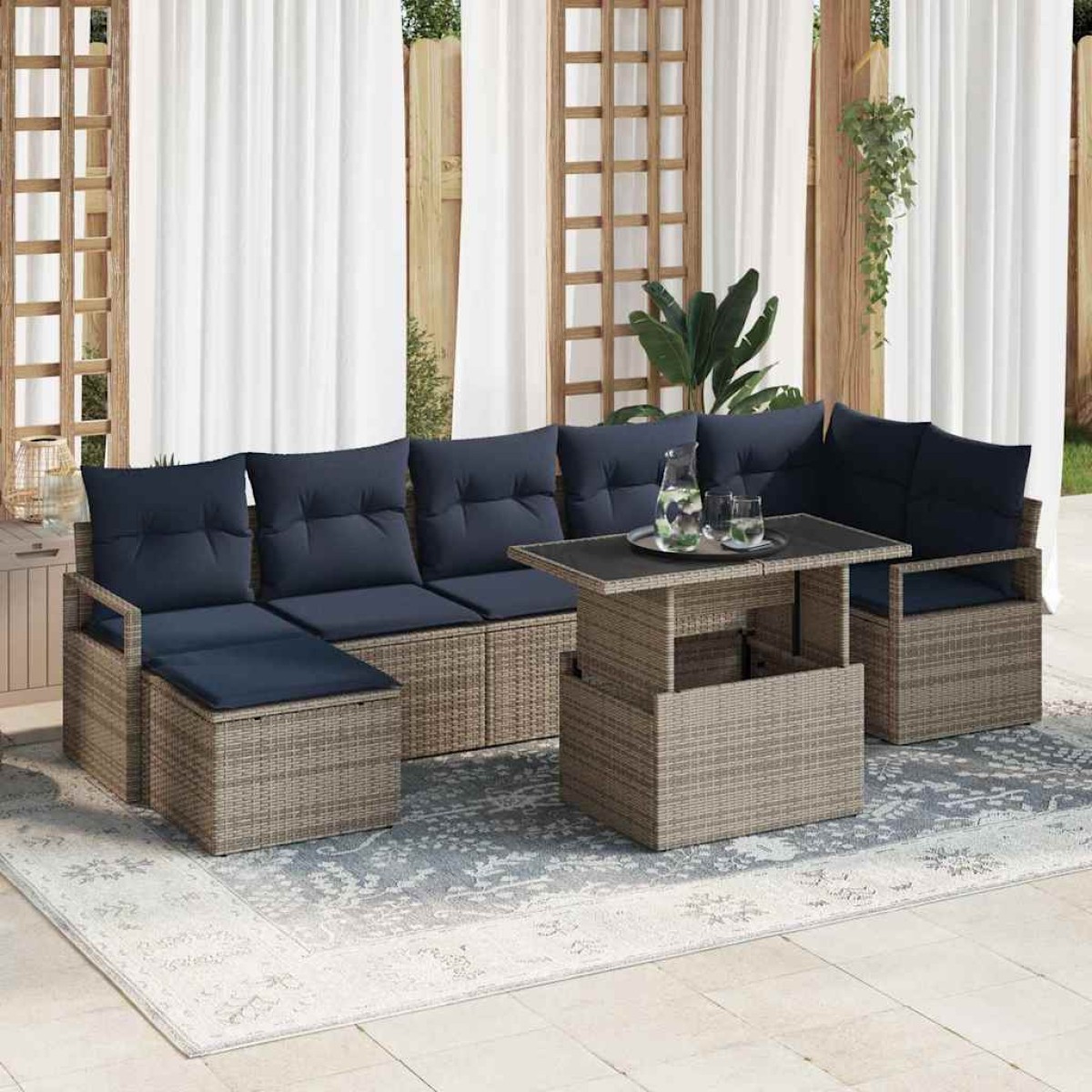 vidaXL Σετ Καναπέ Κήπου 8 τμχ. Γκρι και Navy Blue συνθετικό ρατάν