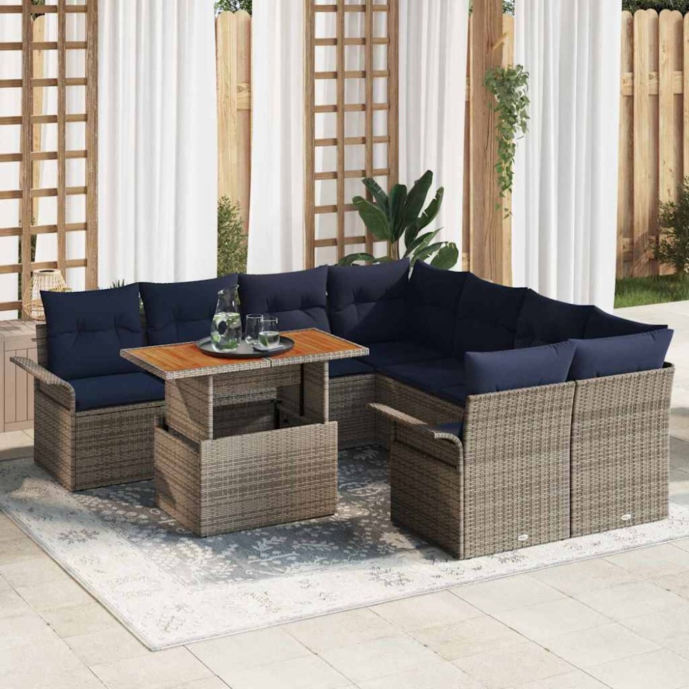 vidaXL Σετ Καναπέ Κήπου 9 τμχ. Γκρι και Navy Blue συνθετικό ρατάν
