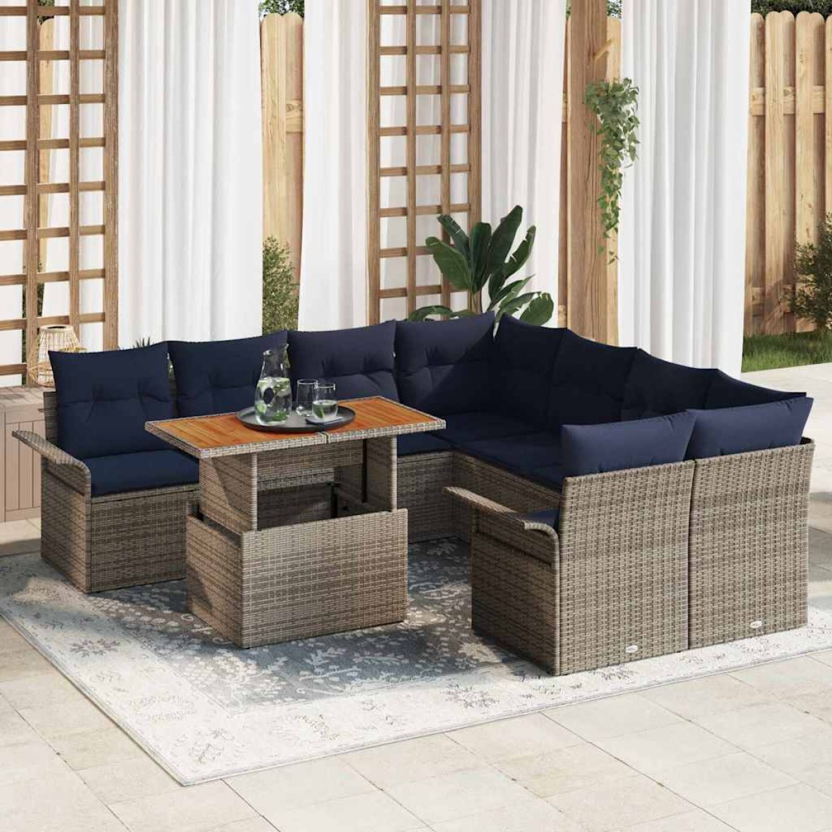 vidaXL Σετ Καναπέ Κήπου 9 τμχ. Γκρι και Navy Blue συνθετικό ρατάν