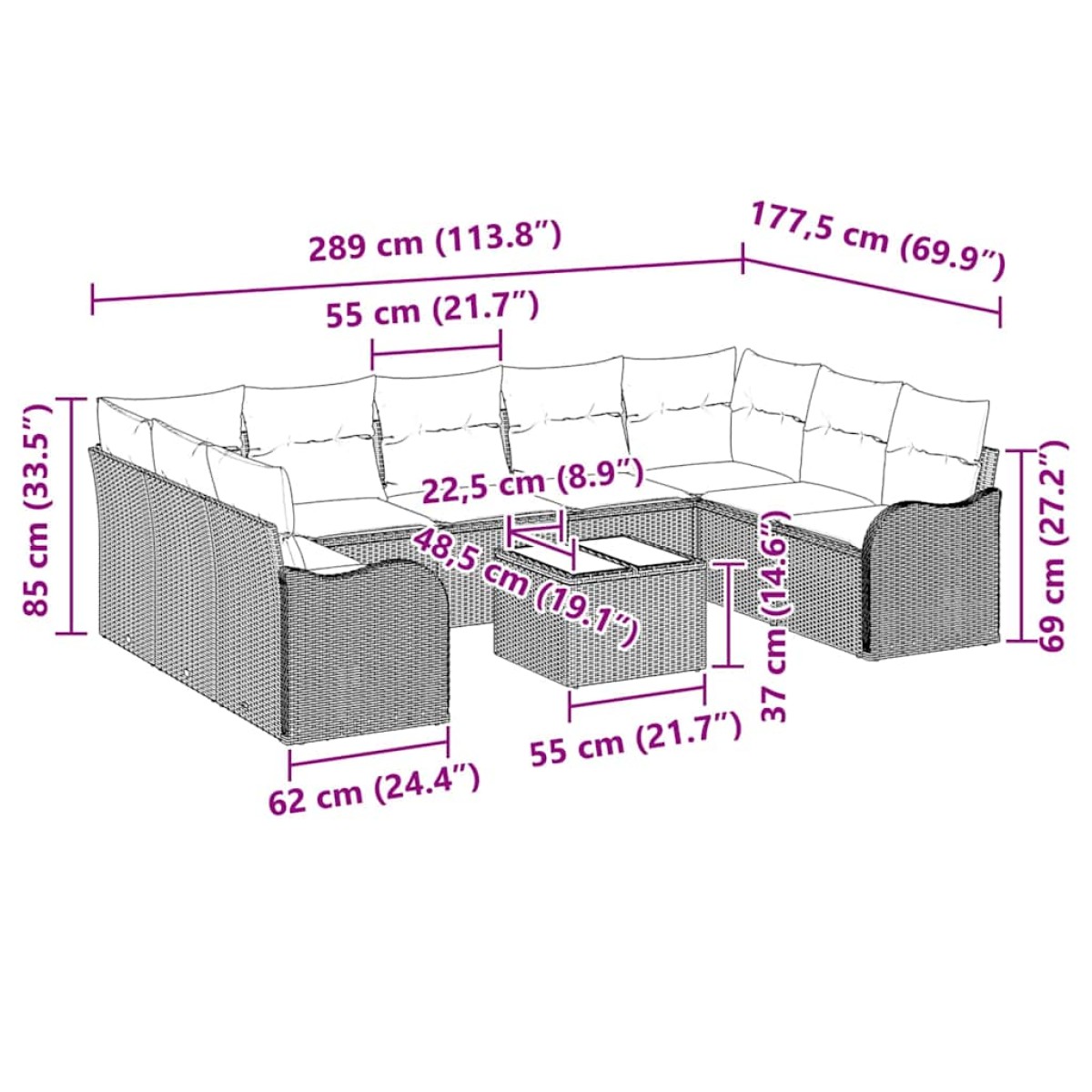 vidaXL Σετ Καναπέ Κήπου 10 τμχ. Ανοιχτό γκρι συνθετικό ρατάν