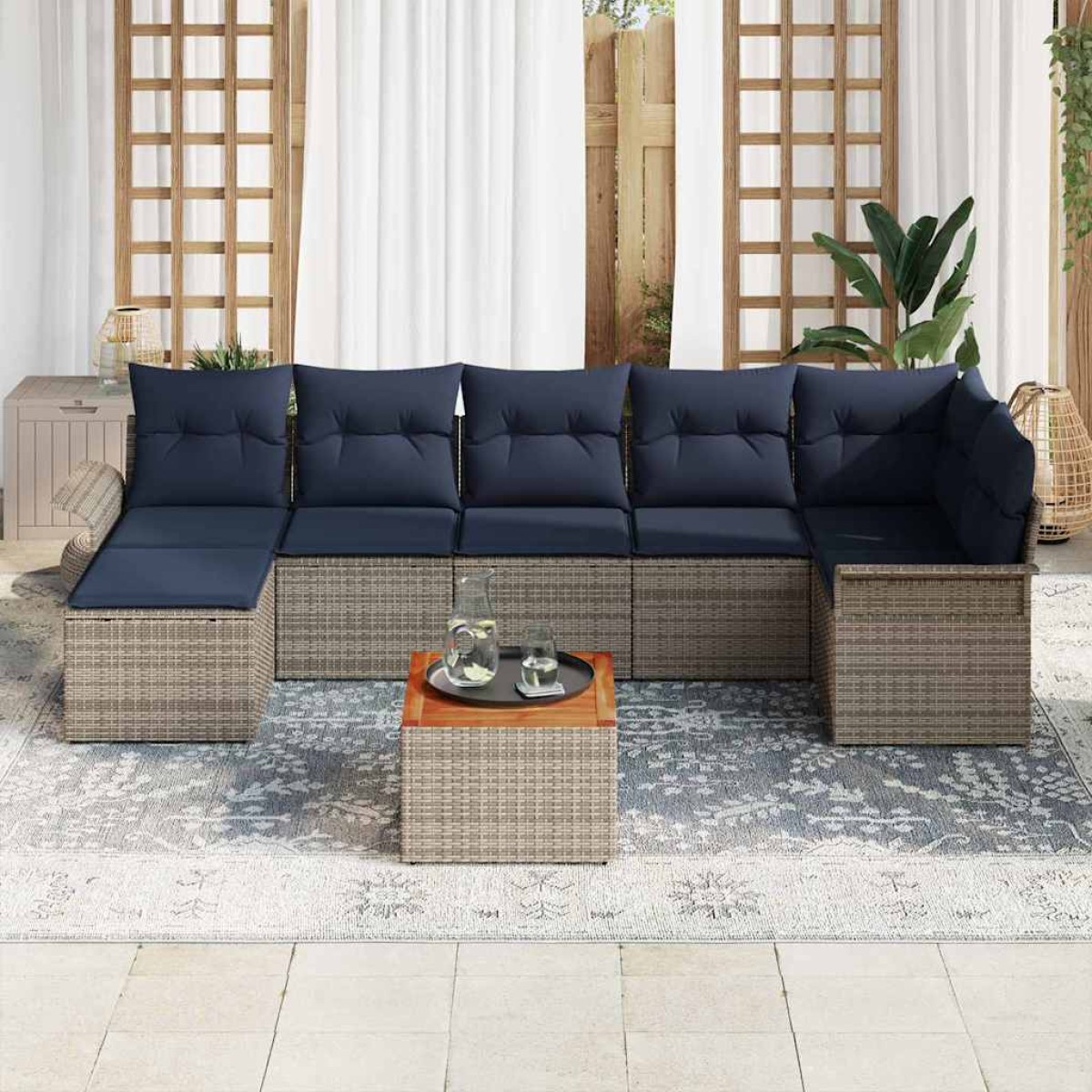 vidaXL Σετ Καναπέ Κήπου 8 τμχ. Γκρι και Navy Blue συνθετικό ρατάν
