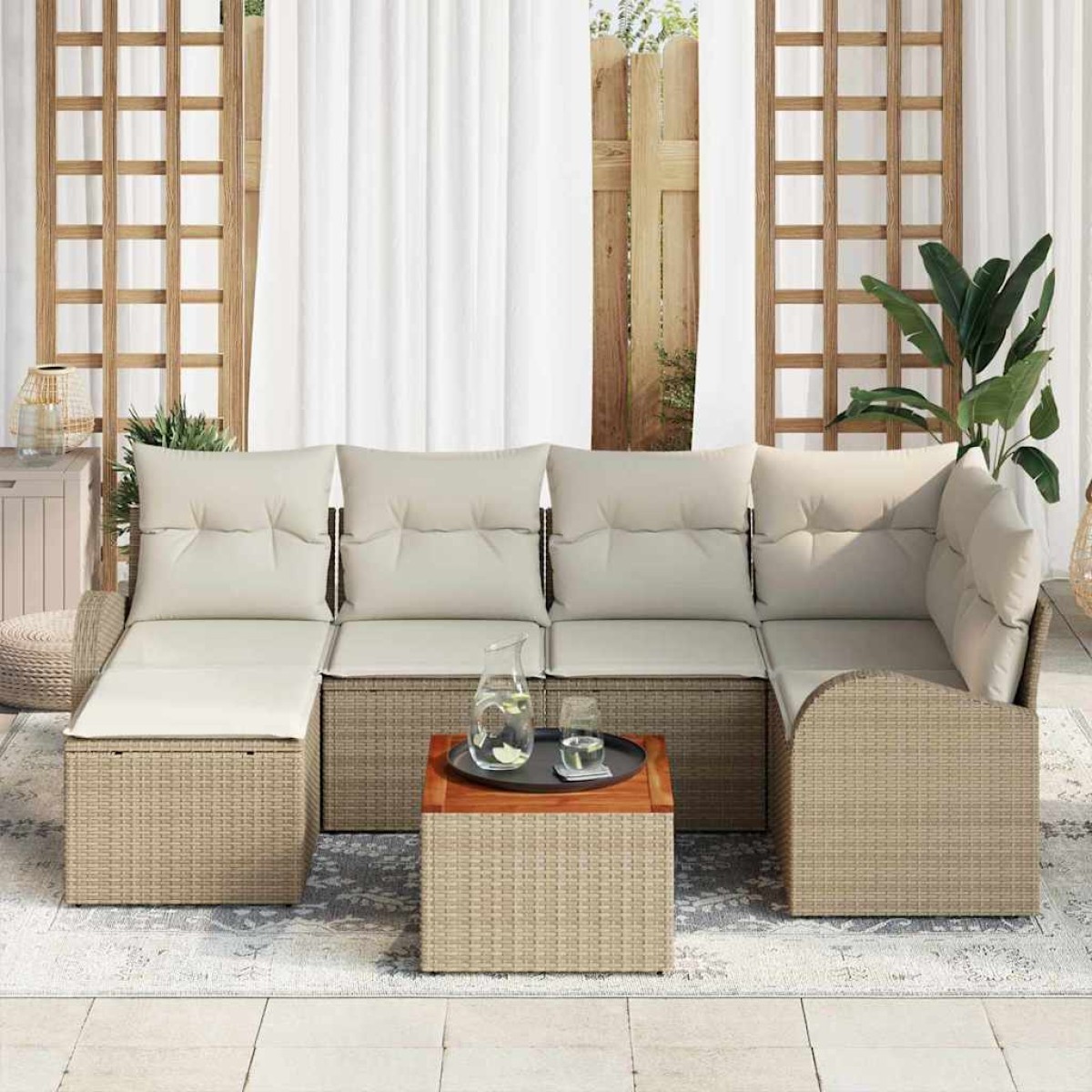 vidaXL Σετ Καναπέ Κήπου 7 τμχ. Μπεζ και Κρέμα συνθετικό ρατάν