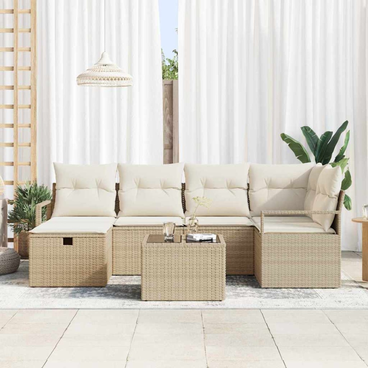 vidaXL Σετ Καναπέ Κήπου με μαξιλάρι 7 pcs Μπεζ Πολυ ράταν