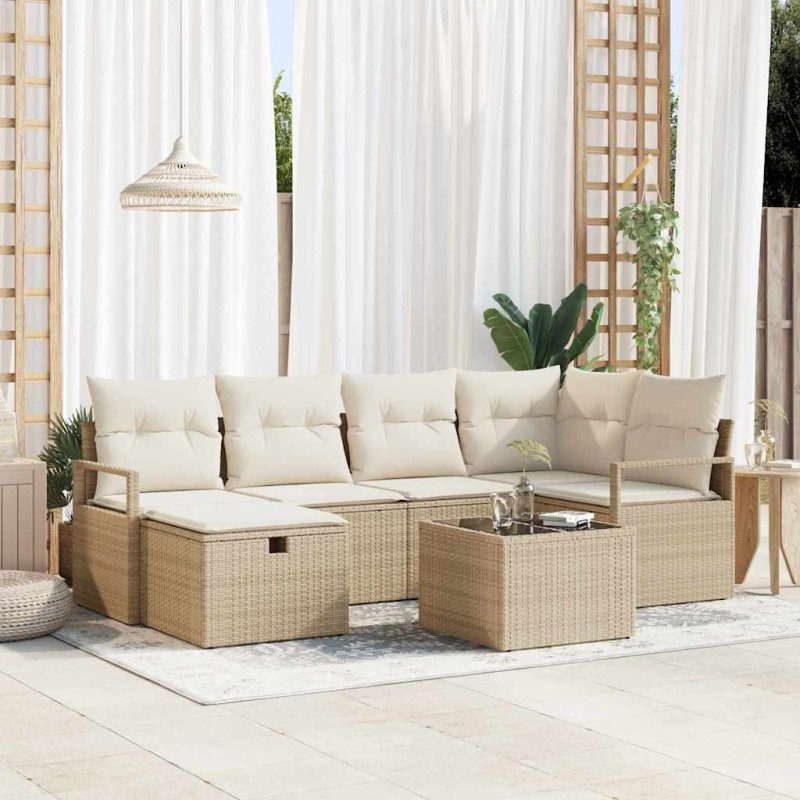 vidaXL Σετ Καναπέ Κήπου με μαξιλάρι 7 pcs Μπεζ Πολυ ράταν
