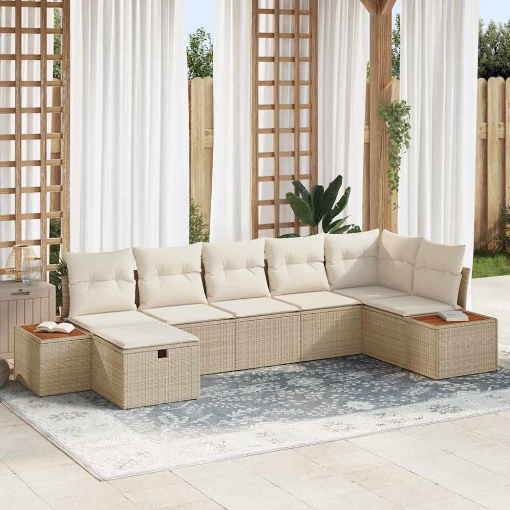 vidaXL Σετ Καναπέ Κήπου με μαξιλάρι 7 pcs Μπεζ Πολυ ράταν