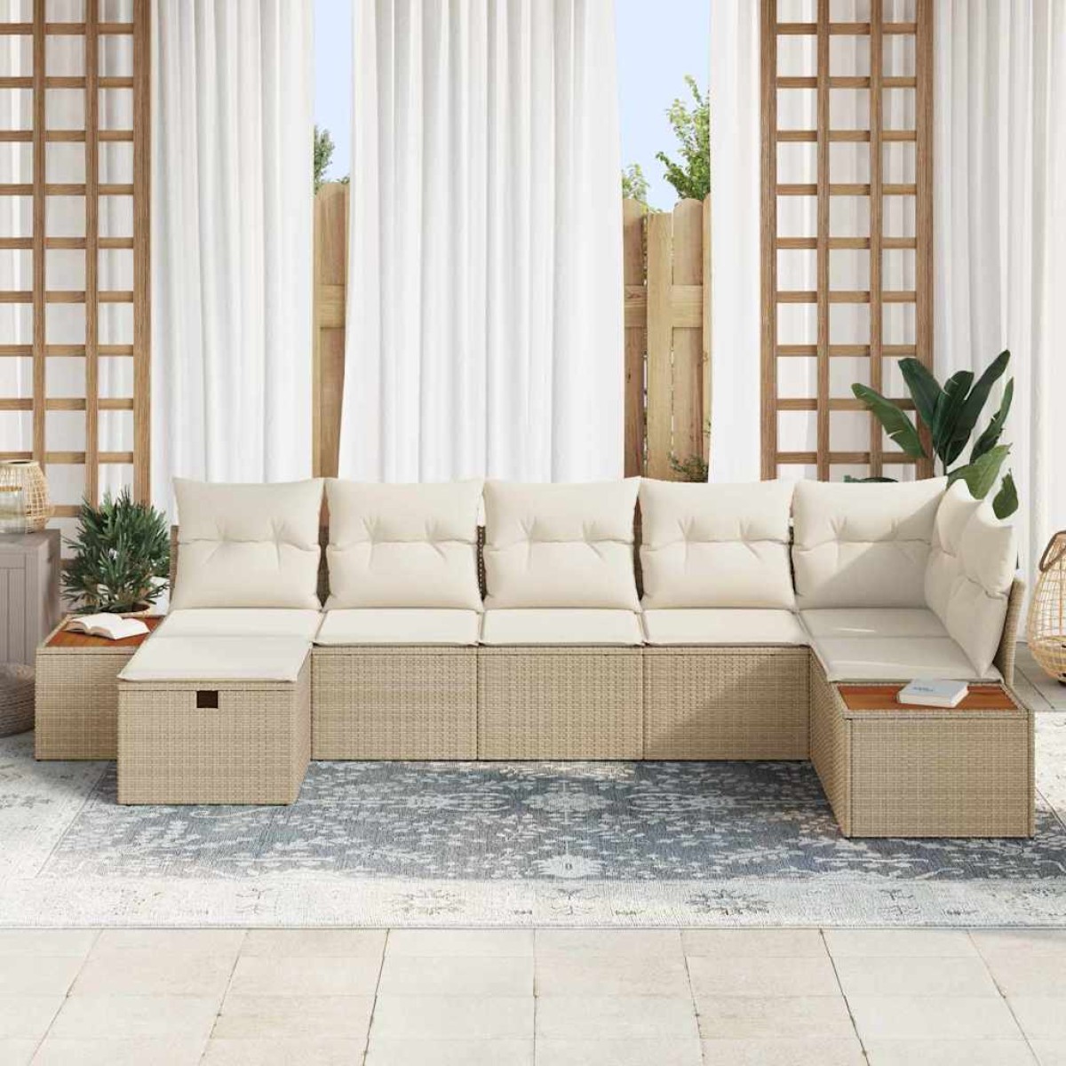 vidaXL Σετ Καναπέ Κήπου με μαξιλάρι 7 pcs Μπεζ Πολυ ράταν