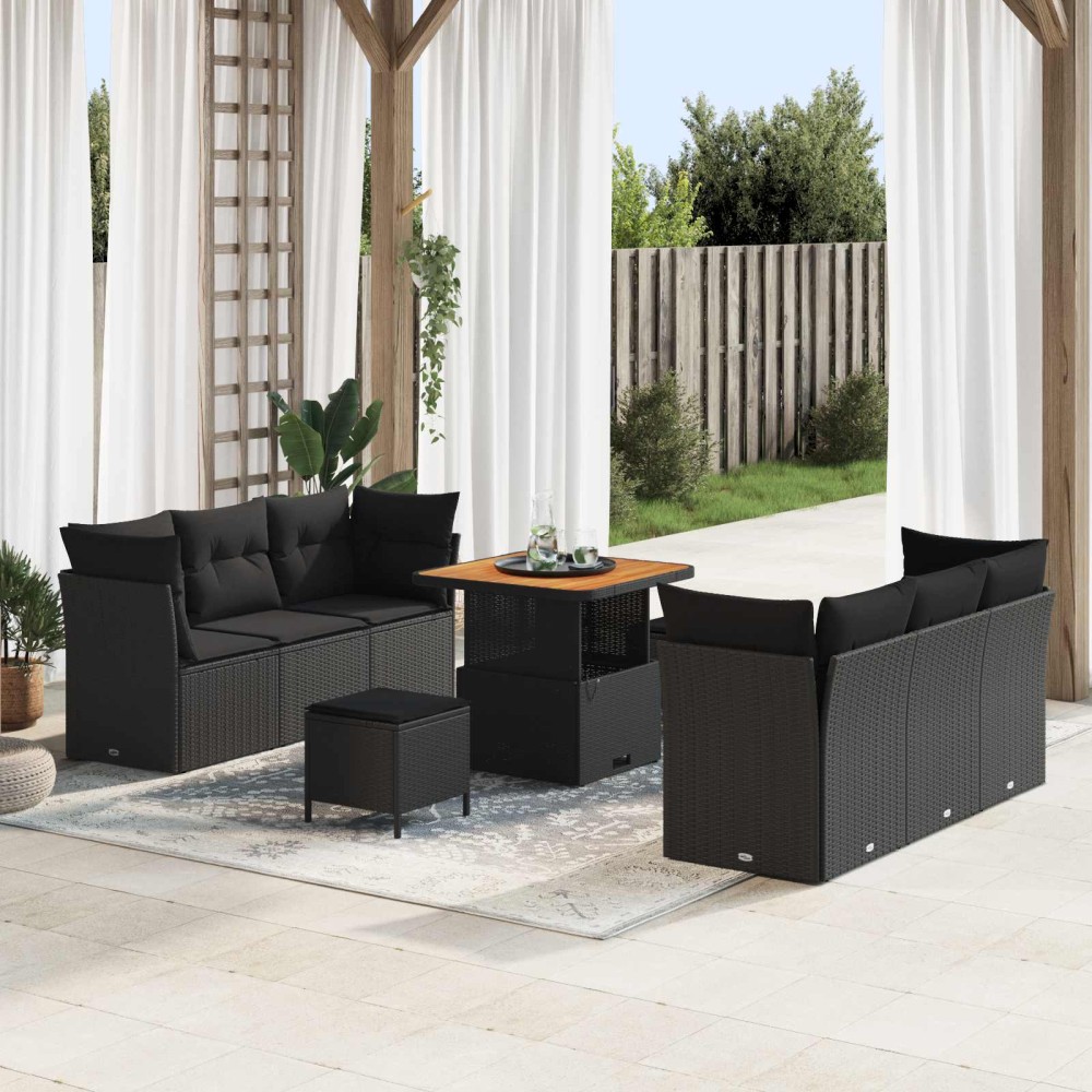vidaXL Σετ Καναπέ Κήπου με μαξιλάρι 9 pcs Μαύρο συνθετικό ρατάν