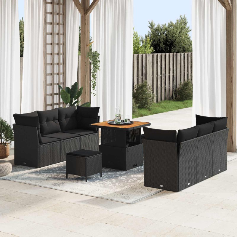 vidaXL Σετ Καναπέ Κήπου με μαξιλάρι 9 pcs Μαύρο συνθετικό ρατάν