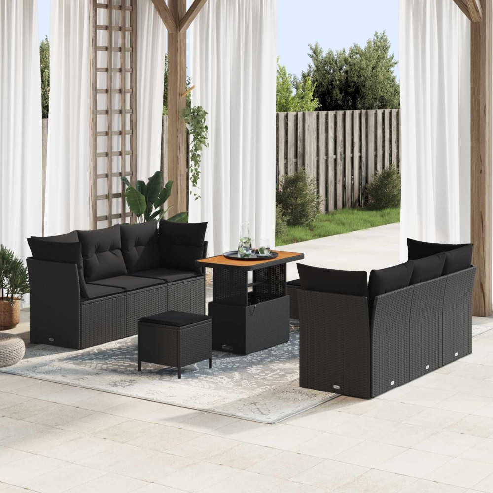 vidaXL Σετ Καναπέ Κήπου με μαξιλάρι 9 pcs Μαύρο συνθετικό ρατάν