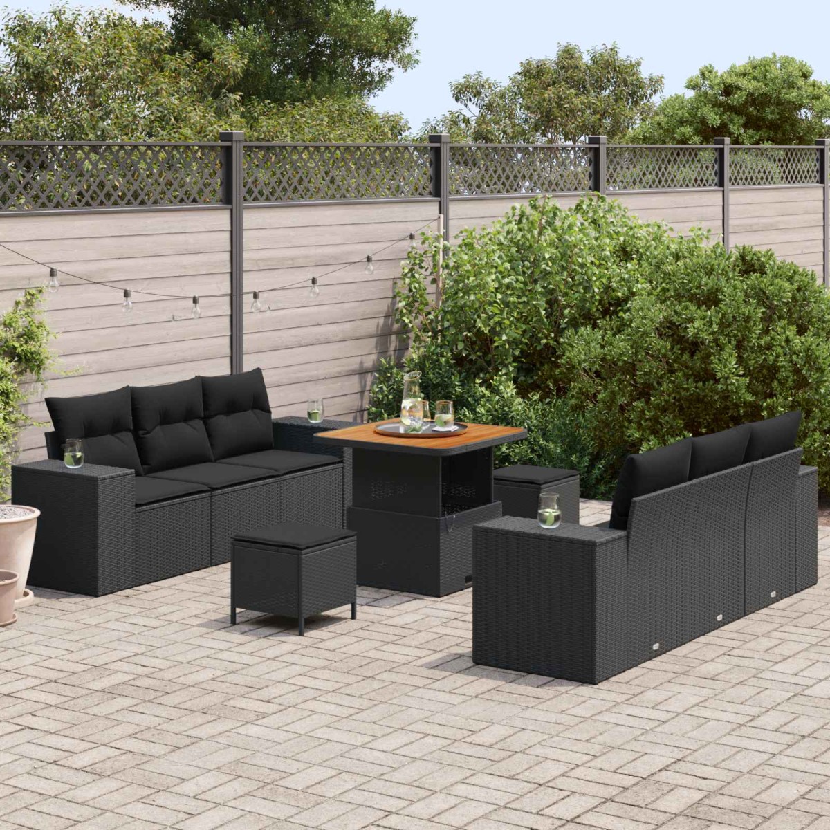 vidaXL Σετ Καναπέ Κήπου με μαξιλάρι Μαύρο 221 x 204 x 85 εκ Πολυ Ρατάν