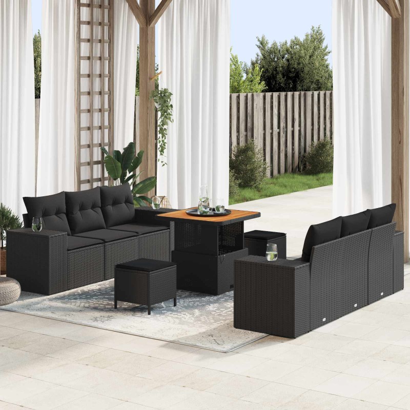 vidaXL Σετ Καναπέ Κήπου με μαξιλάρι Μαύρο 221 x 204 x 85 εκ Πολυ Ρατάν