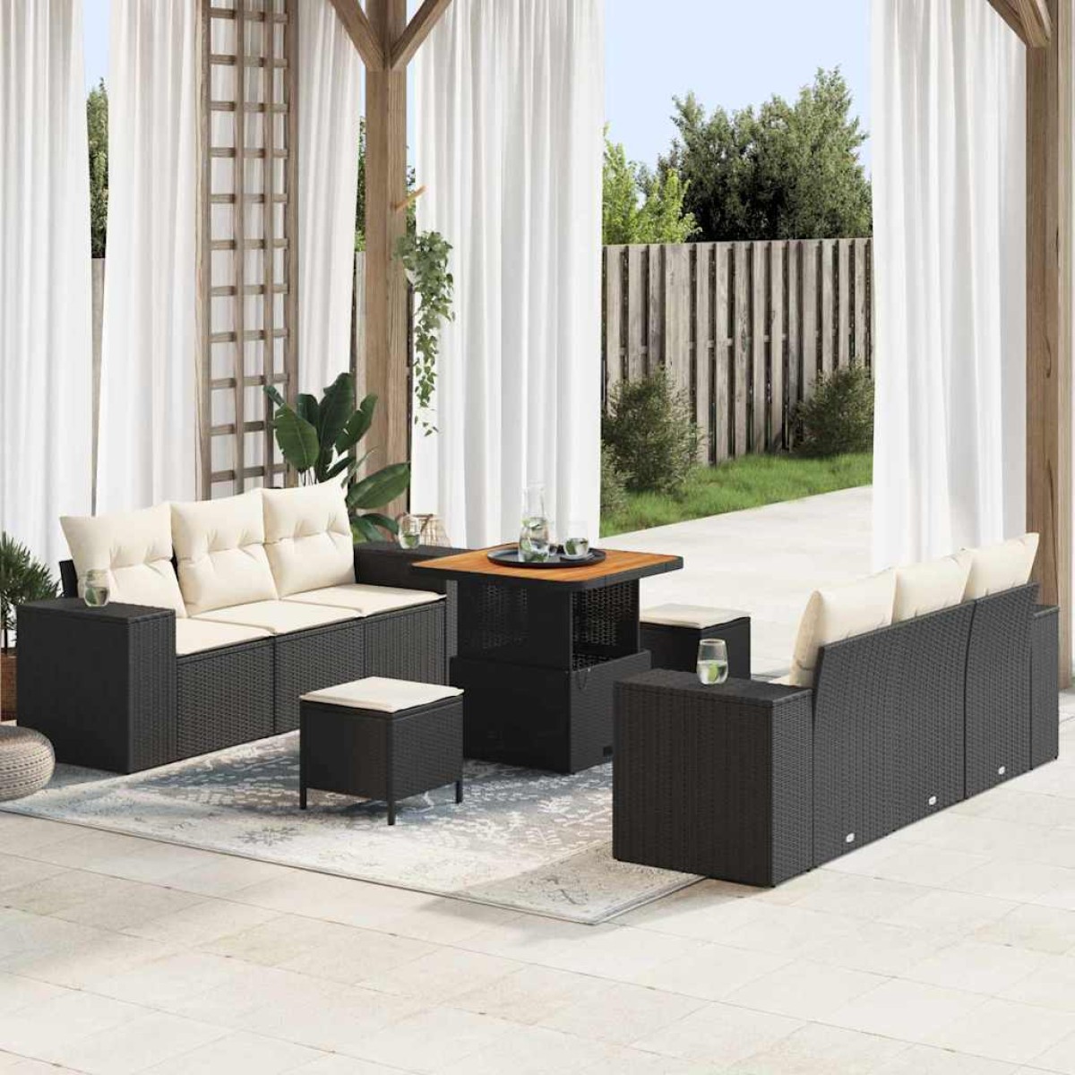vidaXL Σετ Καναπέ Κήπου Μαύρο και Κρέμα 221 x 204 x 85 εκ Πολυ Ρατάν