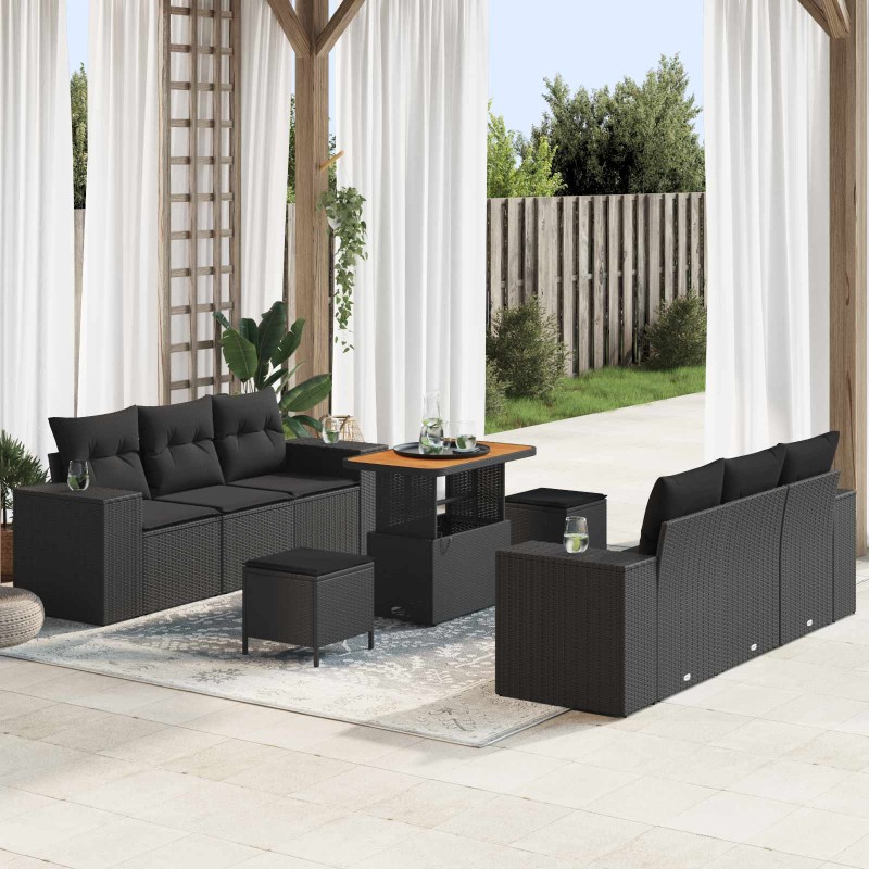 vidaXL Σετ Καναπέ Κήπου με μαξιλάρι με μαξιλάρι 9 pcs Μαύρο Πολυ Ρατάν