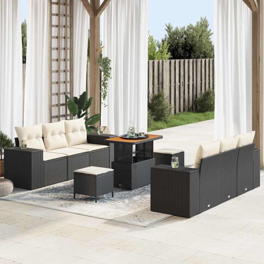 vidaXL Σετ Καναπέ Κήπου με μαξιλάρι 9 pcs Μαύρο και Κρέμα Πολυ Ρατάν