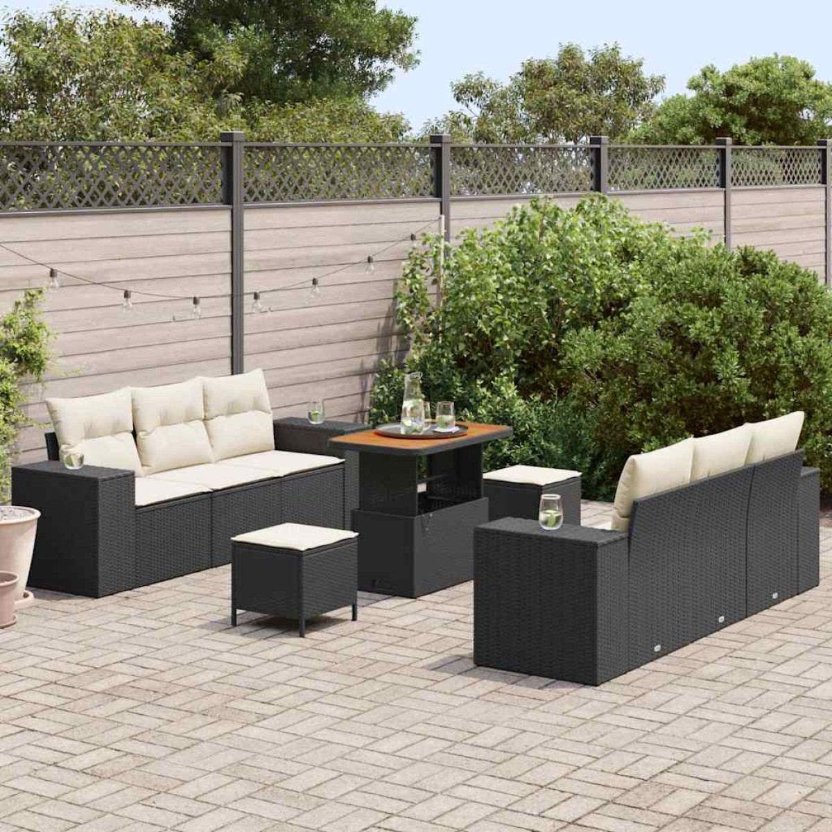 vidaXL Σετ Καναπέ Κήπου με μαξιλάρι 9 pcs Μαύρο και Κρέμα Πολυ Ρατάν