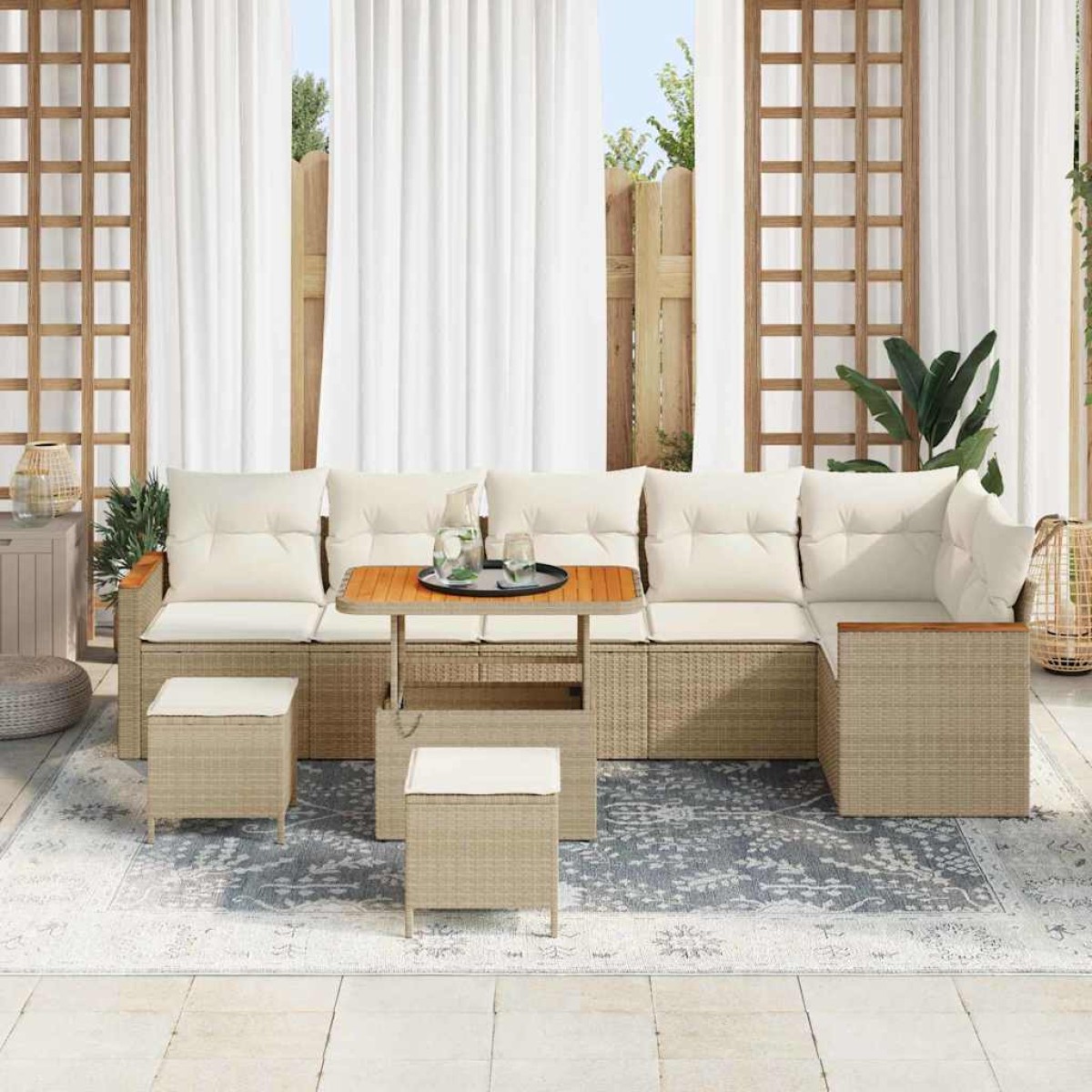 vidaXL Σετ Καναπέ Κήπου με μαξιλάρι με αποθήκευση Μπεζ Πολυ ράταν