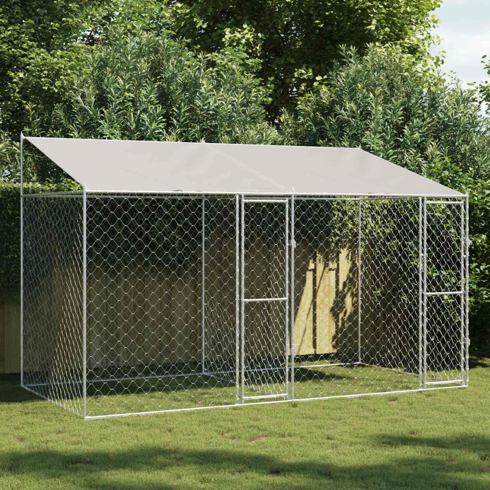 vidaXL Κλουβί Σκυλιού με Στέγη Ασημί 400 x 200 x 256 εκ Χάλυβας και PE