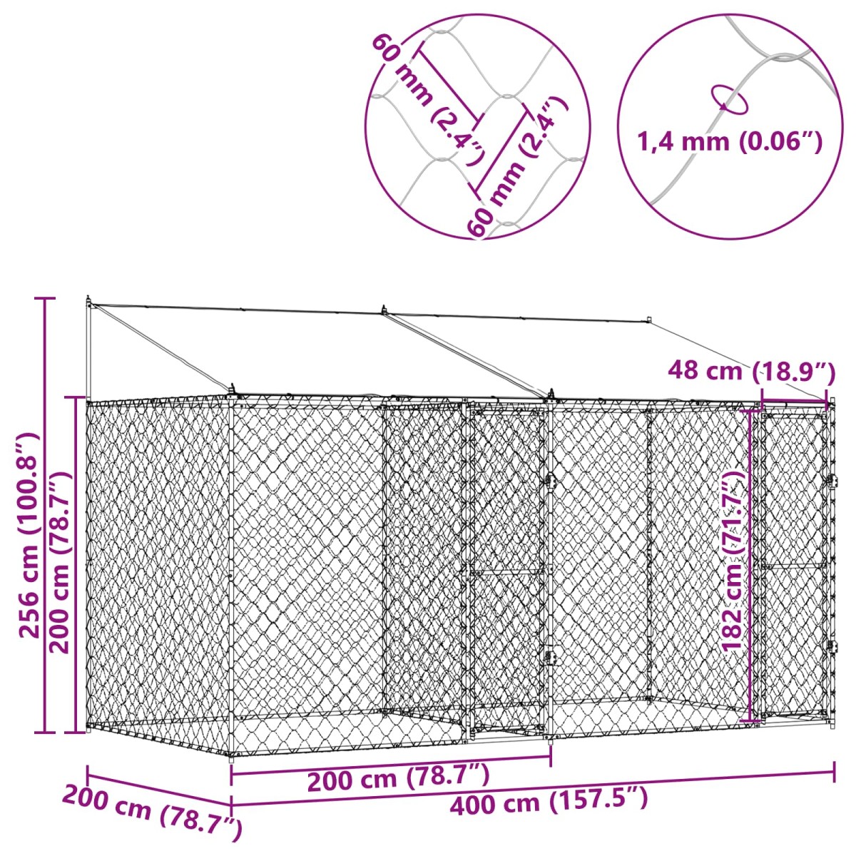 vidaXL Κλουβί Σκυλιού με Στέγη Ασημί 400 x 200 x 256 εκ Χάλυβας και PE