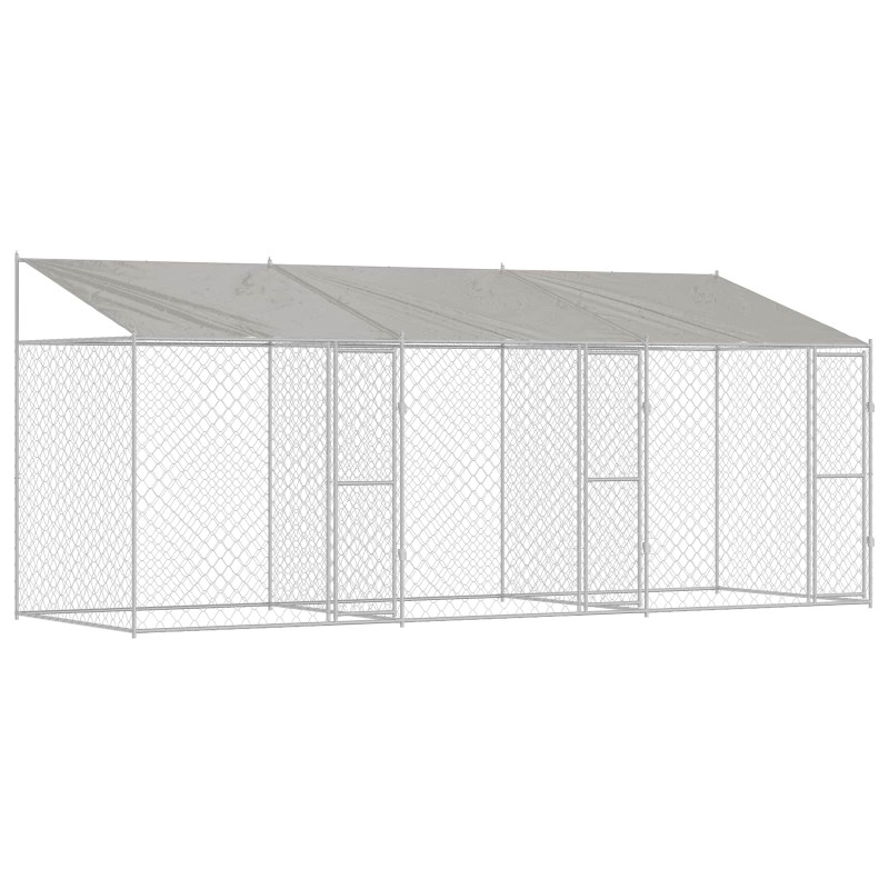 vidaXL Κλουβί Σκυλιού με Στέγη Ασημί 600 x 200 x 256 εκ.