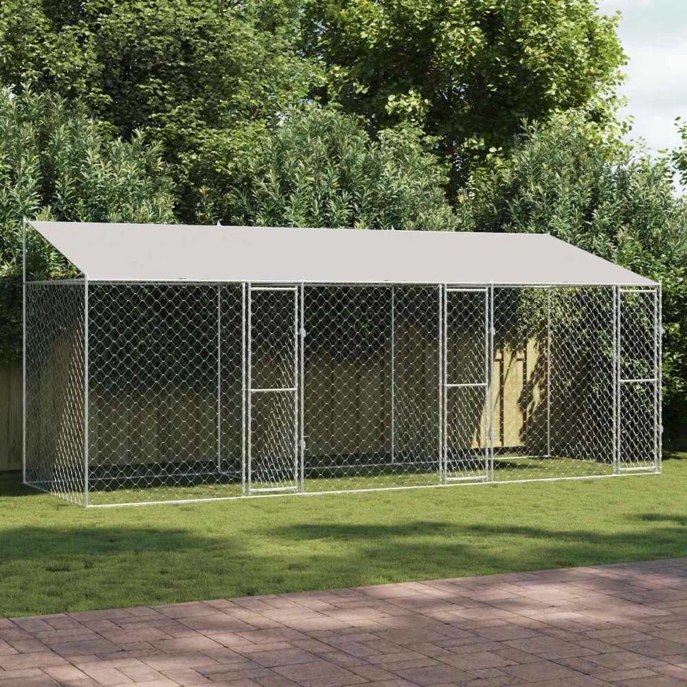 vidaXL Κλουβί Σκυλιού με Στέγη Ασημί 600 x 200 x 256 εκ.