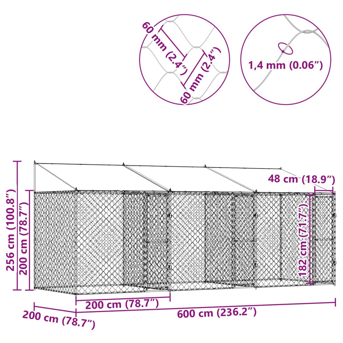vidaXL Κλουβί Σκυλιού με Στέγη Ασημί 600 x 200 x 256 εκ.
