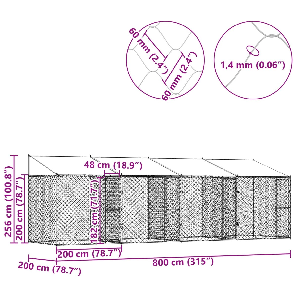 vidaXL Κλουβί Σκυλιού με Στέγη Ασημί 800 x 200 x 256 εκ.