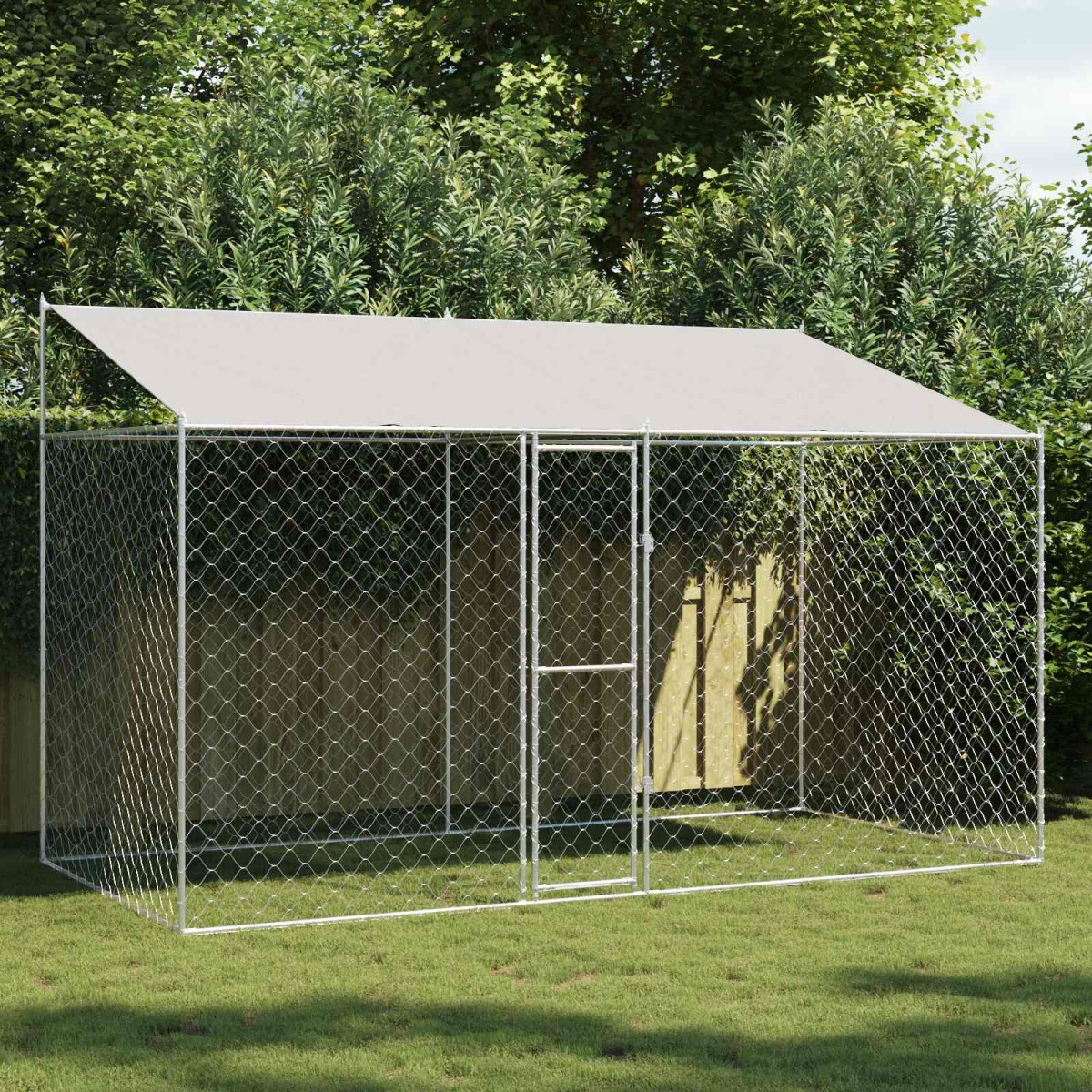 vidaXL Κλουβί Σκυλιού με Στέγη Ασημί 400 x 200 x 256 εκ Χάλυβας και PE
