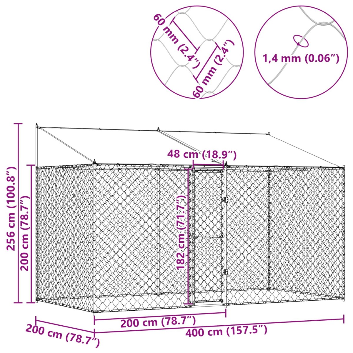 vidaXL Κλουβί Σκυλιού με Στέγη Ασημί 400 x 200 x 256 εκ Χάλυβας και PE