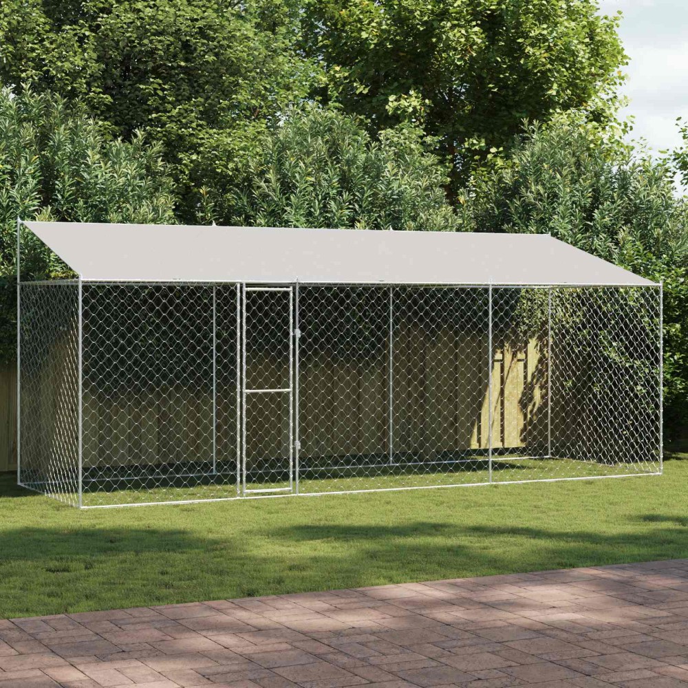 vidaXL Κλουβί Σκυλιού με Στέγη Ασημί 600 x 200 x 256 εκ.