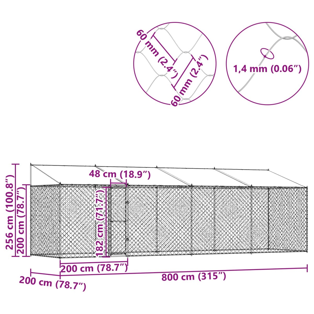 vidaXL Κλουβί Σκυλιού με Στέγη Ασημί 800 x 200 x 256 εκ.