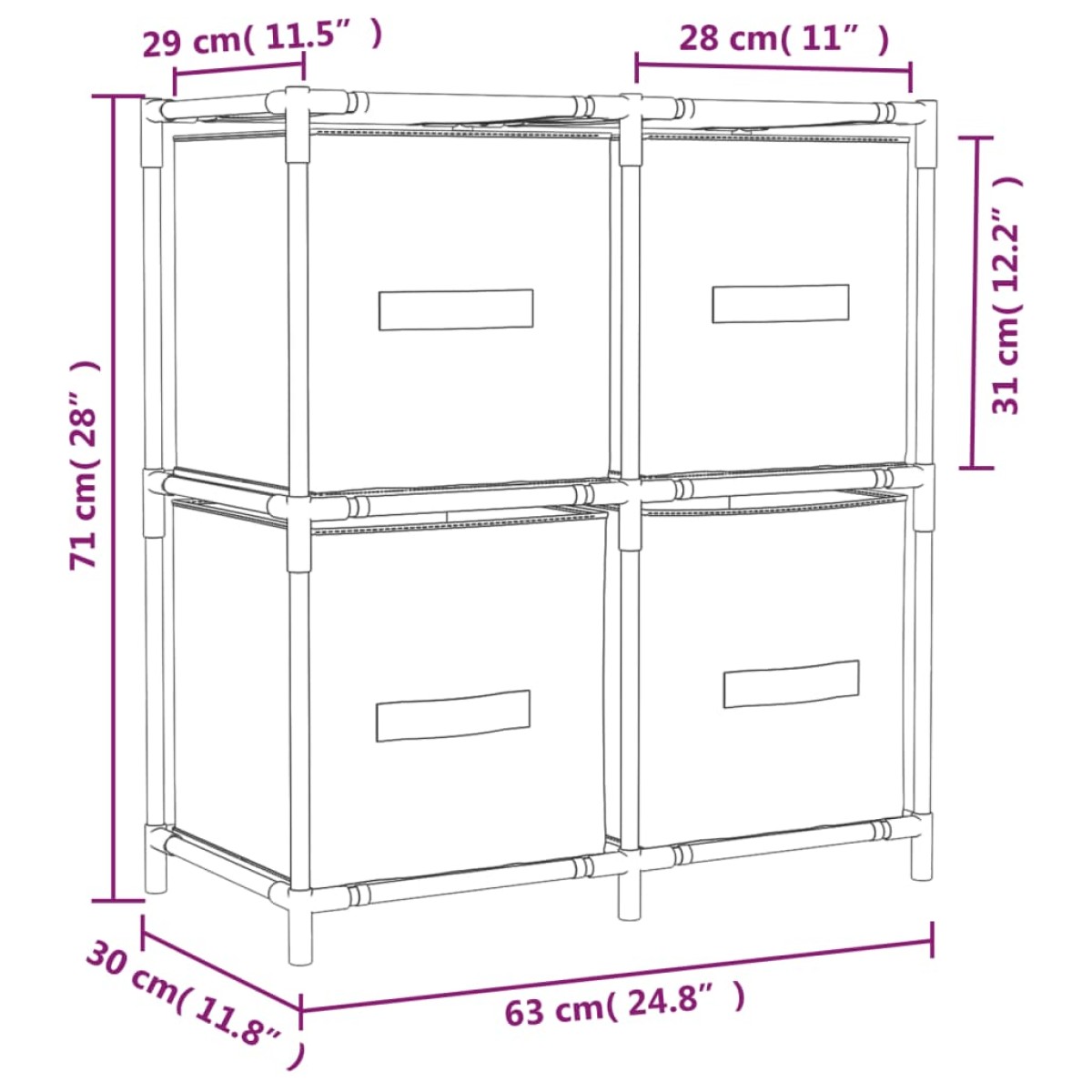 vidaXL Ντουλάπι με 4 Υφασμάτινα Καλάθια Γκρι 63x30x71 εκ. από Ατσάλι
