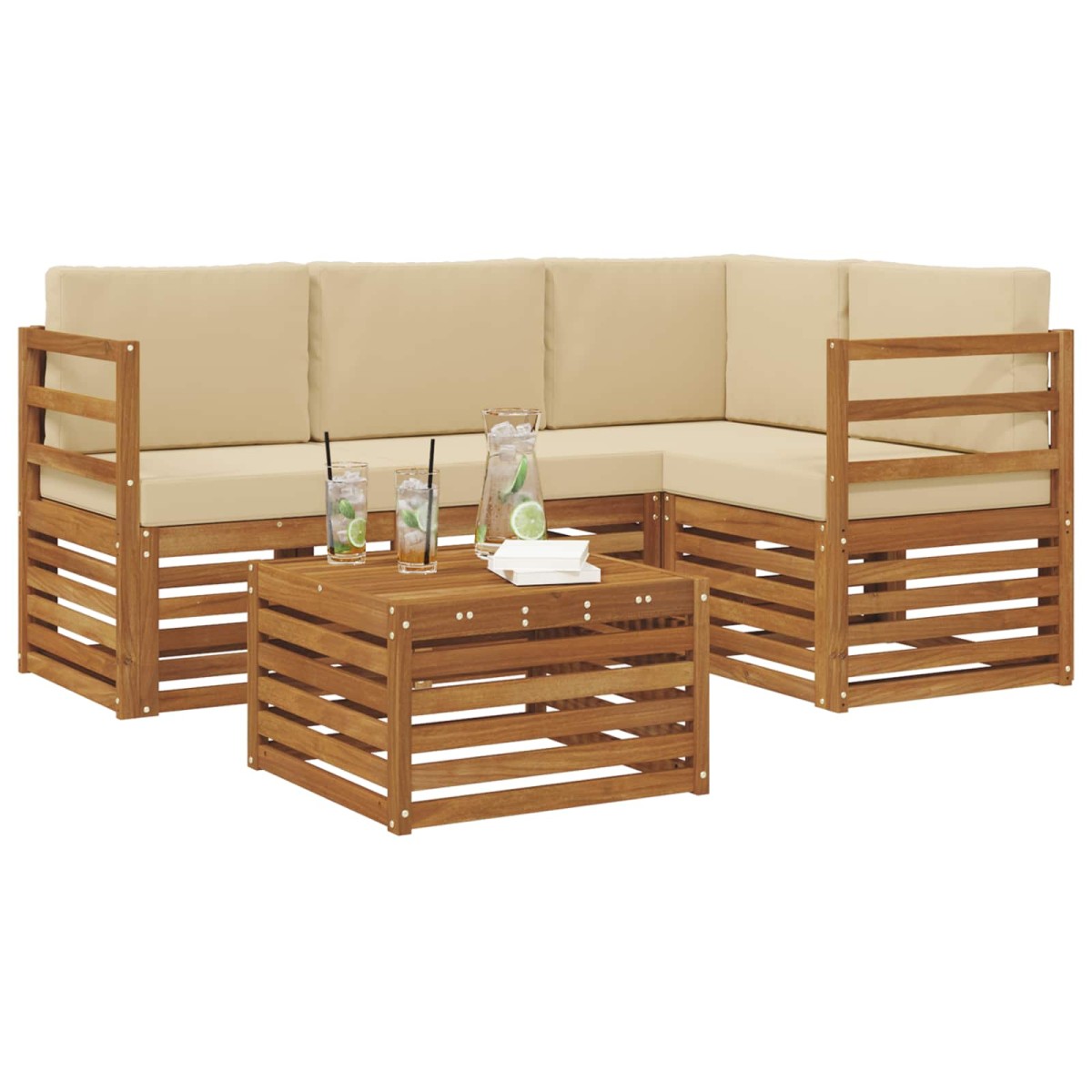 vidaXL Σειρά Καναπέ Εξωτερικού 5 τμχ. Φυσικό και Μπεζ Πολυεστέρας