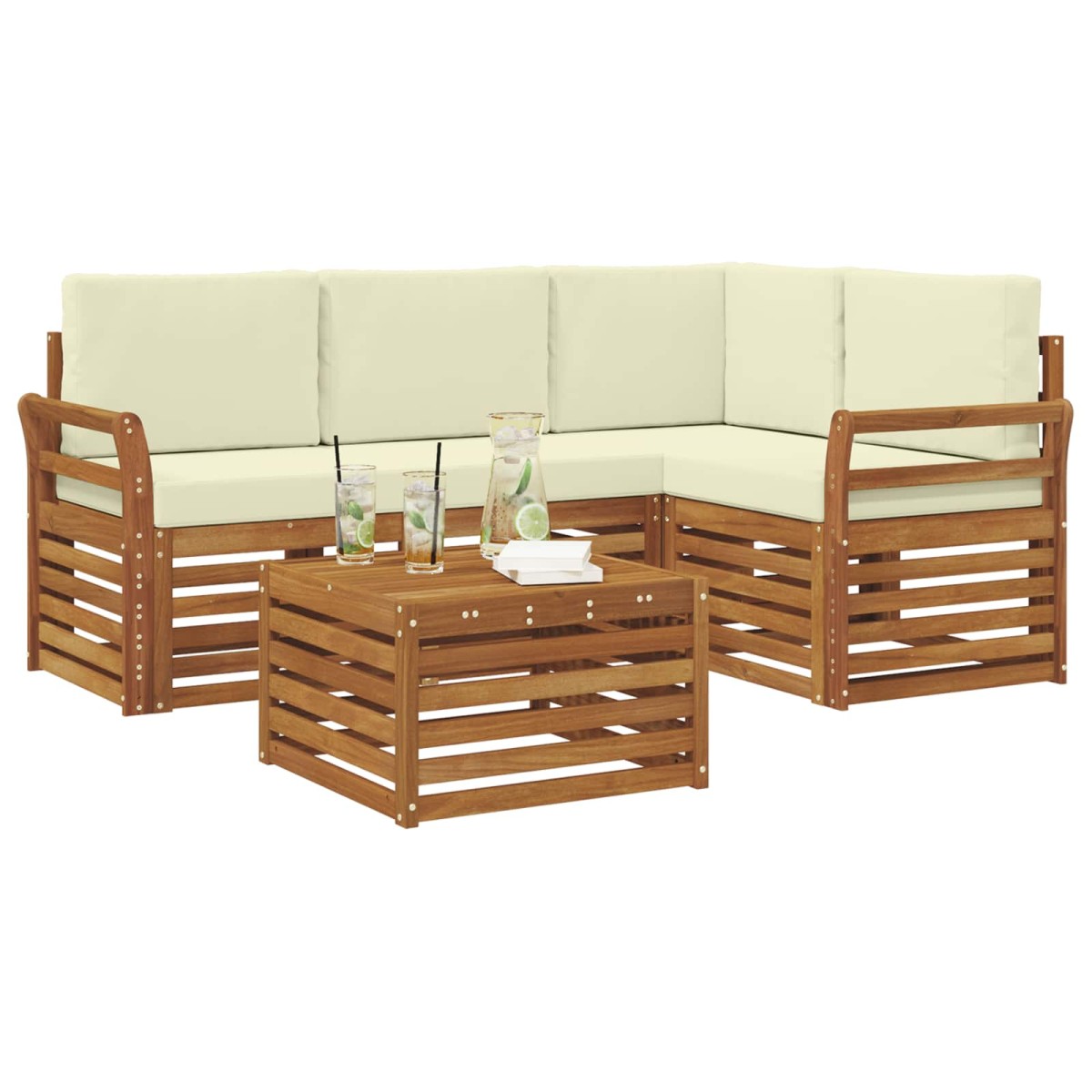 vidaXL Σειρά Καναπέ Εξωτερικού 5 τμχ. Φυσικό και Κρέμα Πολυεστέρας