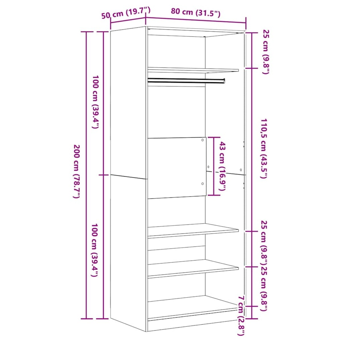 vidaXL Ντουλάπι Artisan Oak 80 x 50 x 200 εκ. Επεξεργασμένο Ξύλο