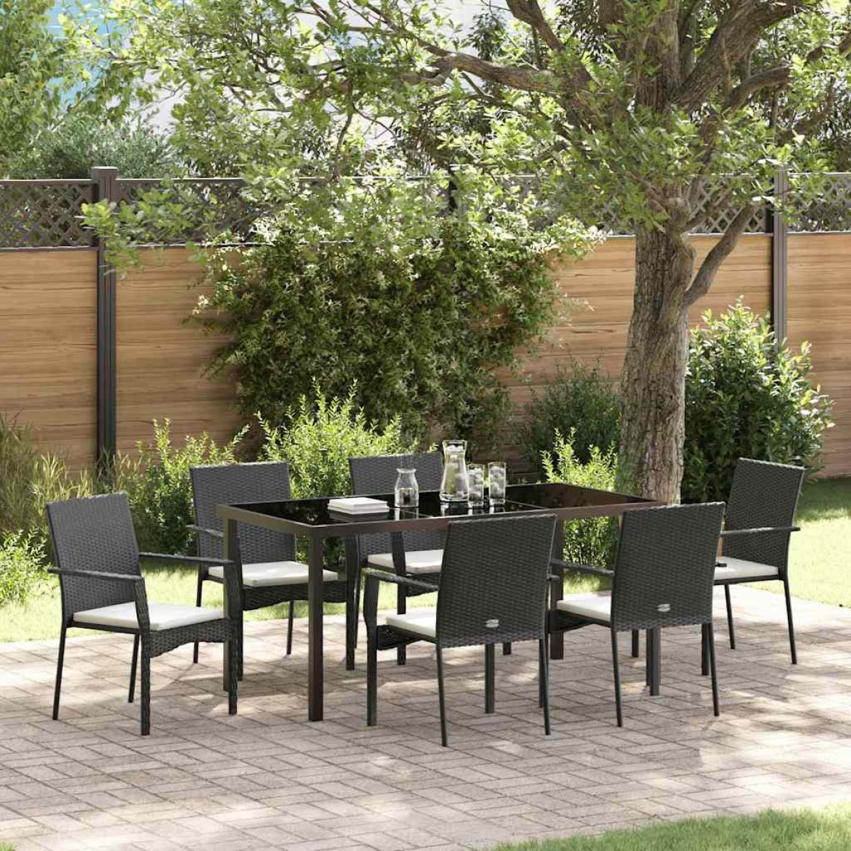 vidaXL Σέτ φαγητού για κήπο 7 τμχ. Μαύρο συνθετικό ρατάν