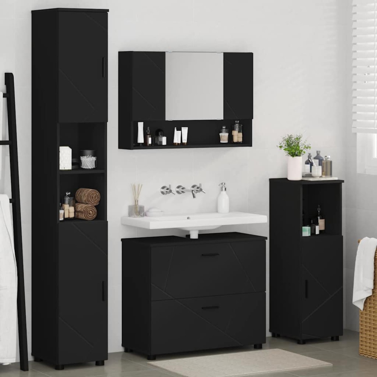 vidaXL Σετ Επίπλων Μπάνιου 4 τμχ. Μαύρο 35 x 30 x 192 εκ