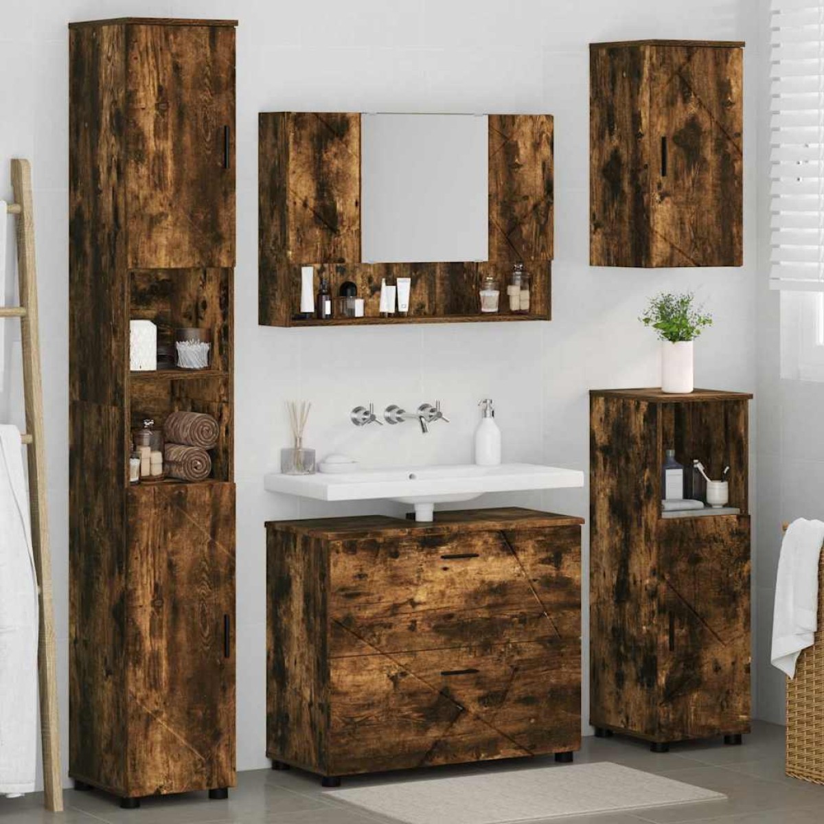 vidaXL Σετ Επίπλων Μπάνιου 5 τμχ. Καπνιστό Δρύς 35 x 30 x 192 εκ