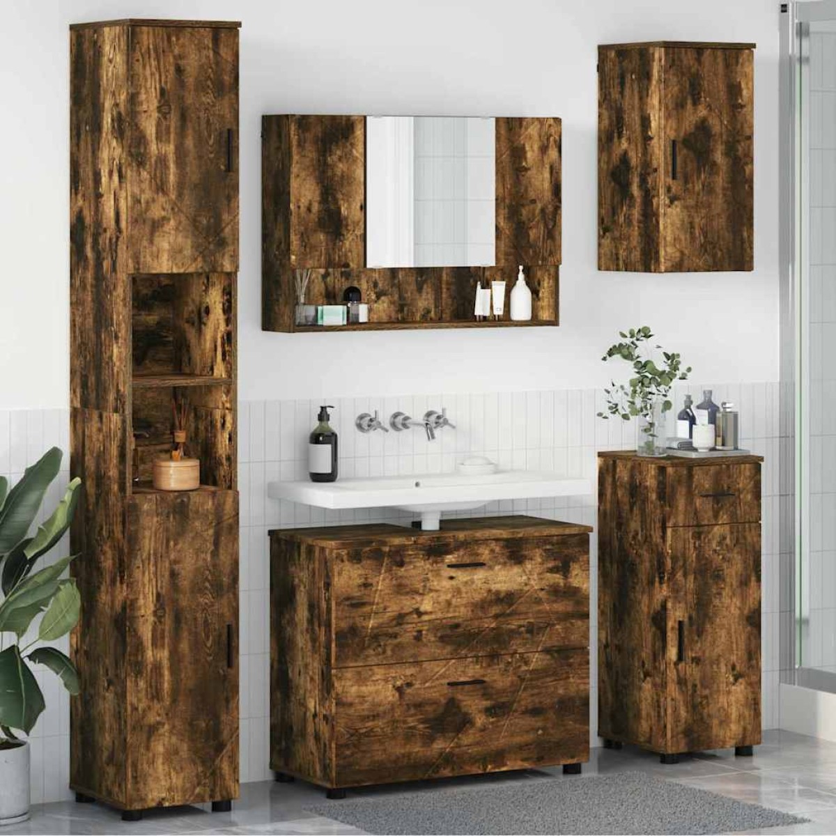 vidaXL Σετ Επίπλων Μπάνιου 5 τμχ. Καπνιστό Δρύς 35 x 30 x 192 εκ