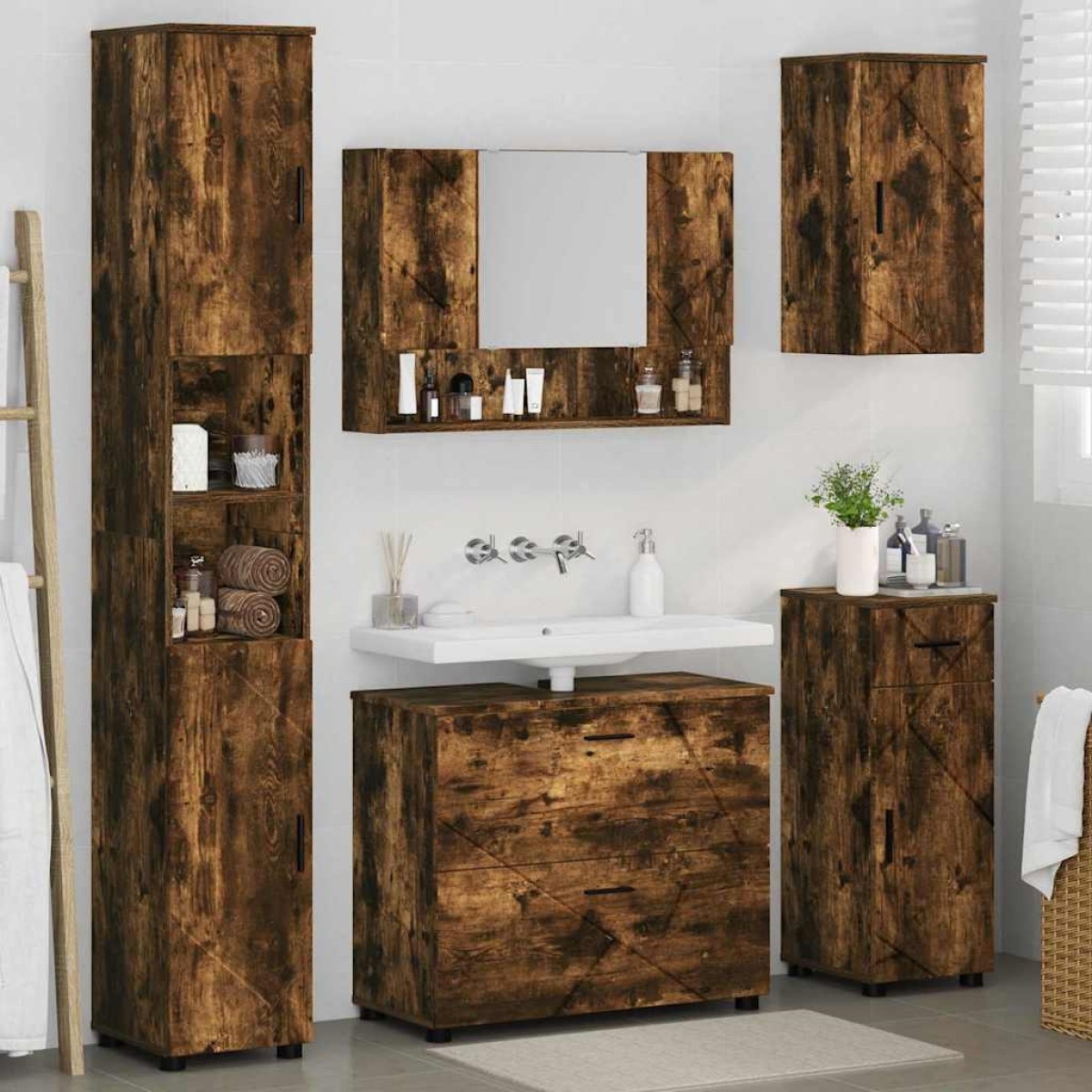 vidaXL Σετ Επίπλων Μπάνιου 5 τμχ. Καπνιστό Δρύς 35 x 30 x 192 εκ