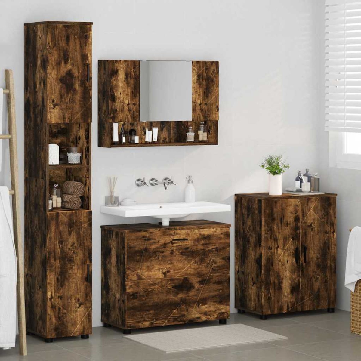vidaXL Σετ Επίπλων Μπάνιου 4 τμχ. Καπνιστό Δρύς 35 x 30 x 192 εκ