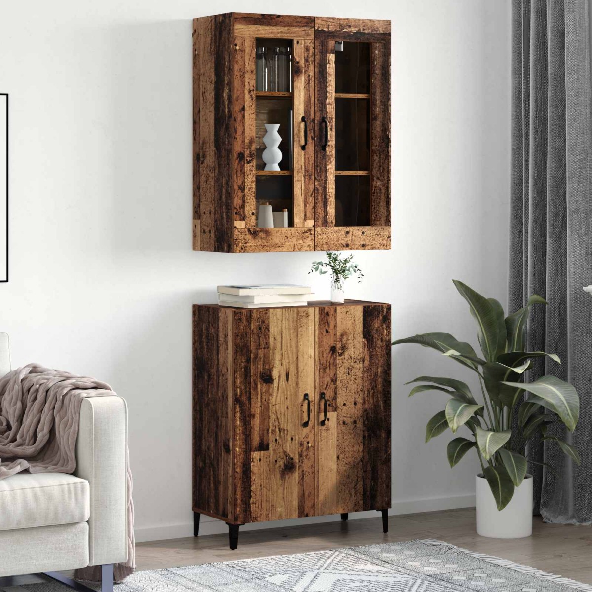 vidaXL Highboard 2 τμχ. Παλαιό ξύλο 69,5 x 34 x 180 εκ.