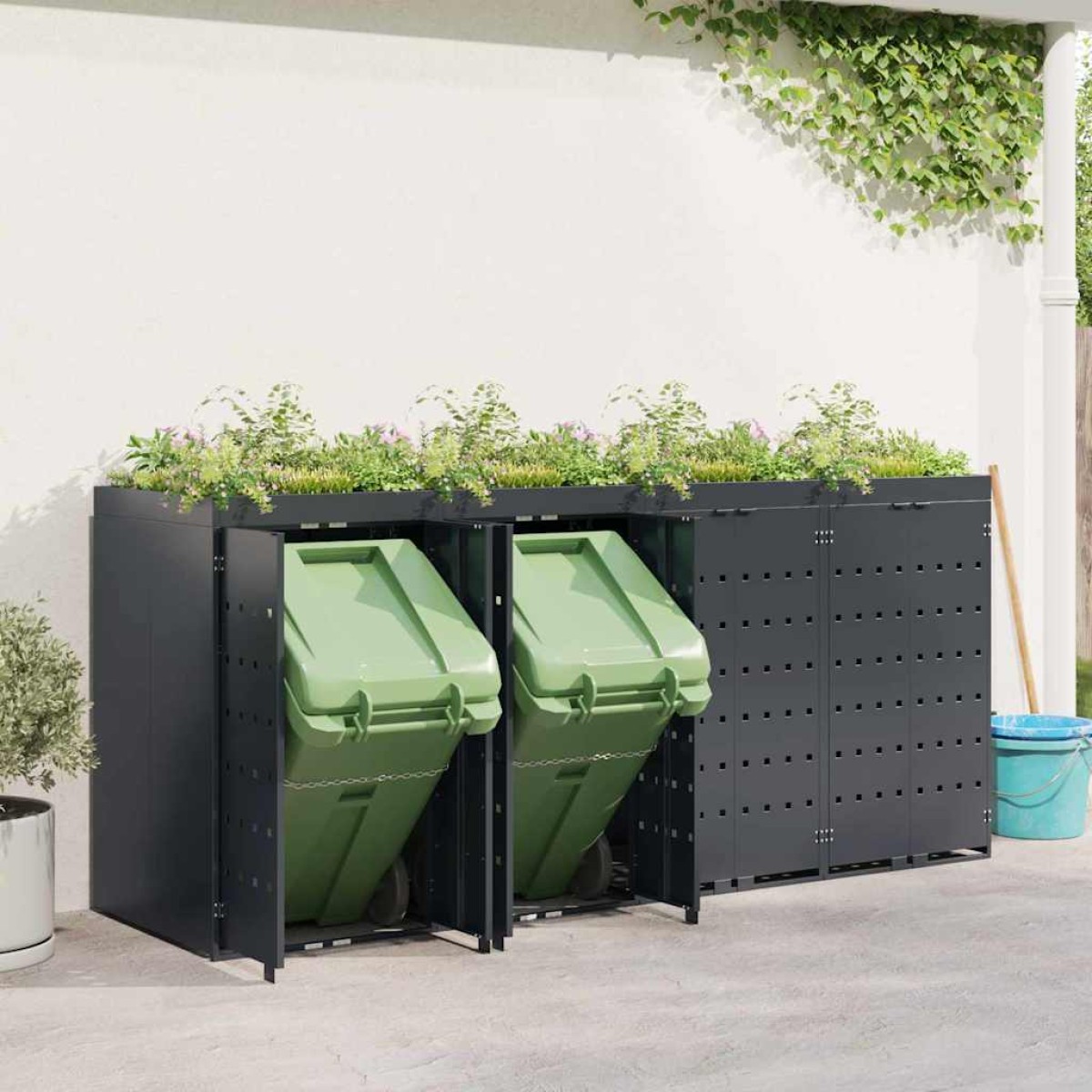 vidaXL Αποθήκη τροχήλατου κάδου για 4 κάδους Ανθρακί Ατσάλι με Πούδρα