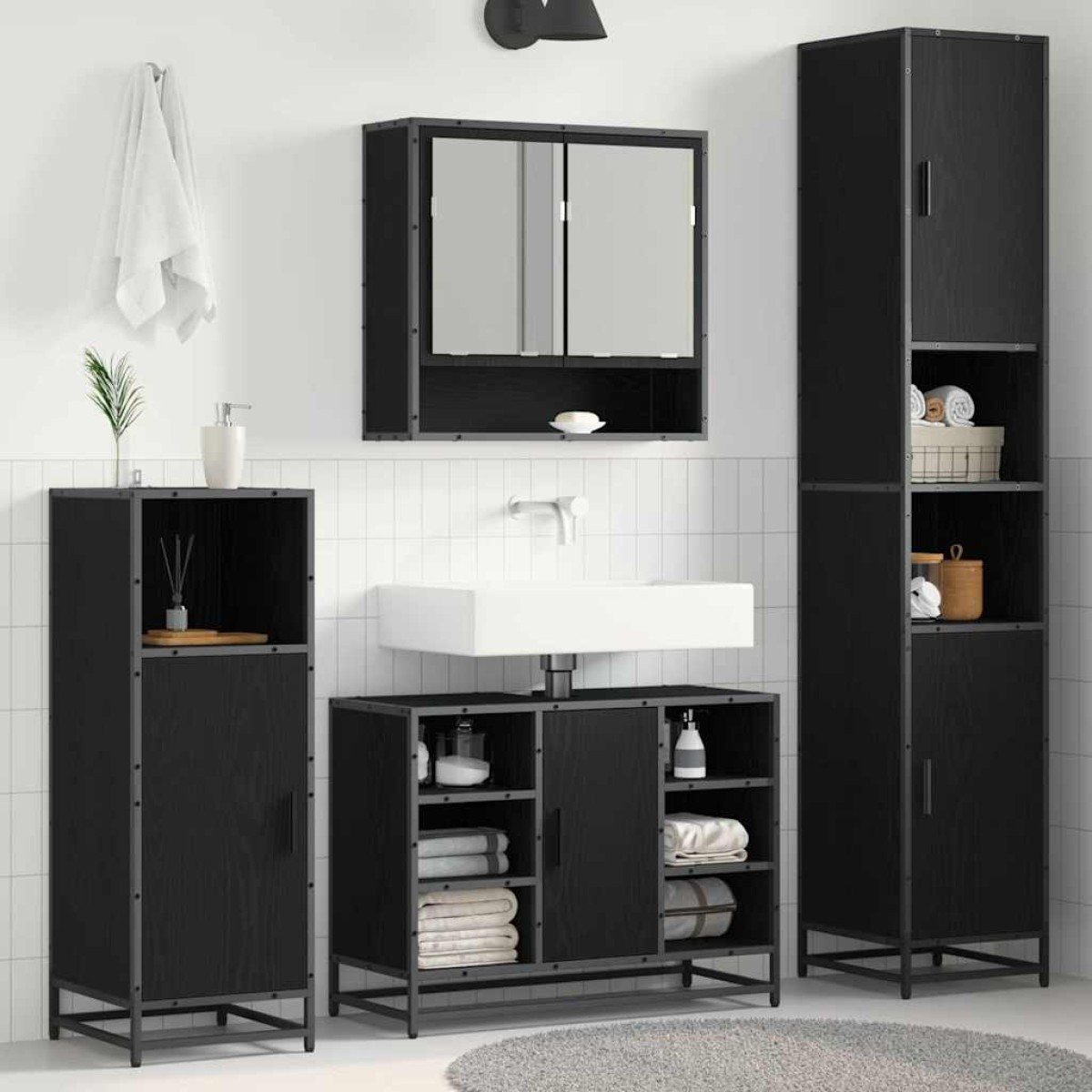 vidaXL Σετ Επίπλων Μπάνιου Μαύρη Οξυά 35 x 37,5 x 188,5 εκατοστά