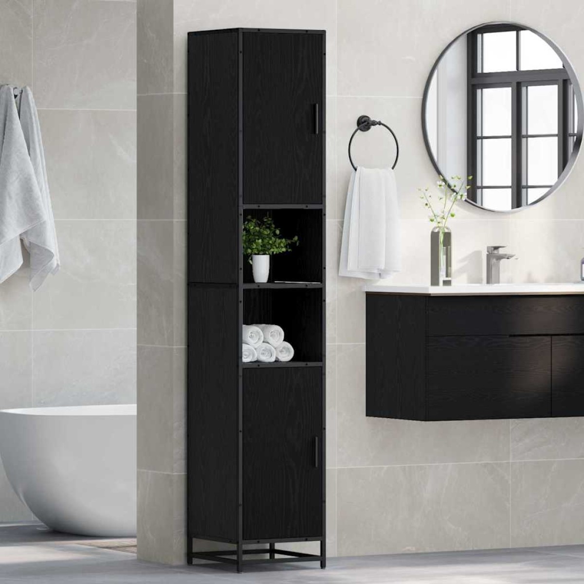 vidaXL Σετ Επίπλων Μπάνιου Μαύρη Οξυά 35 x 37,5 x 188,5 εκατοστά