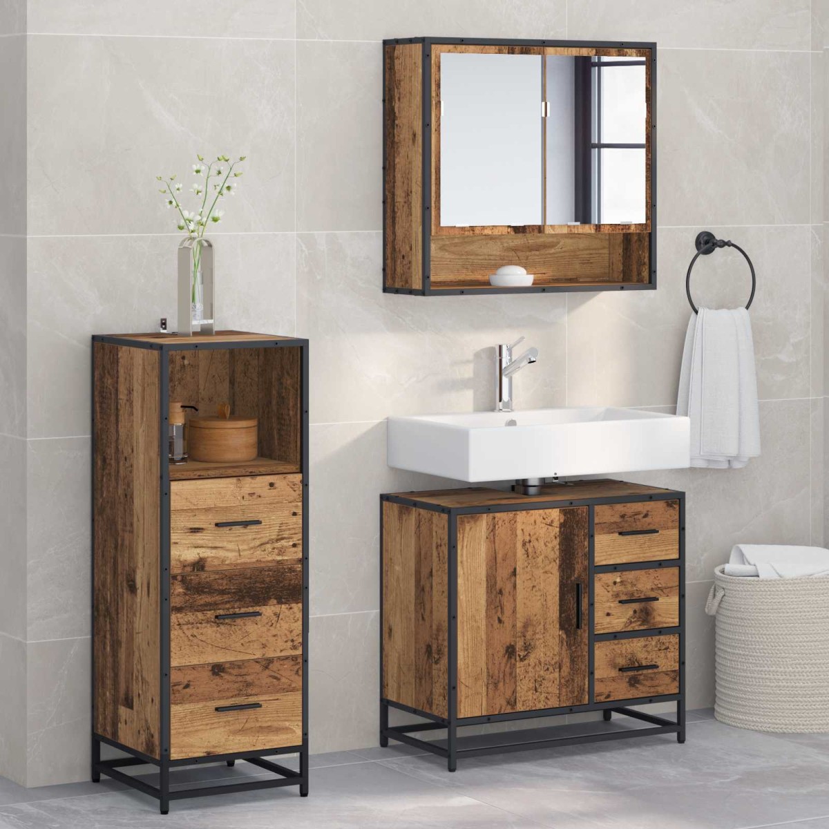 vidaXL Σετ Επίπλων Μπάνιου 3 τμχ. Παλιό Ξύλο 65 x 33 x 60 εκ