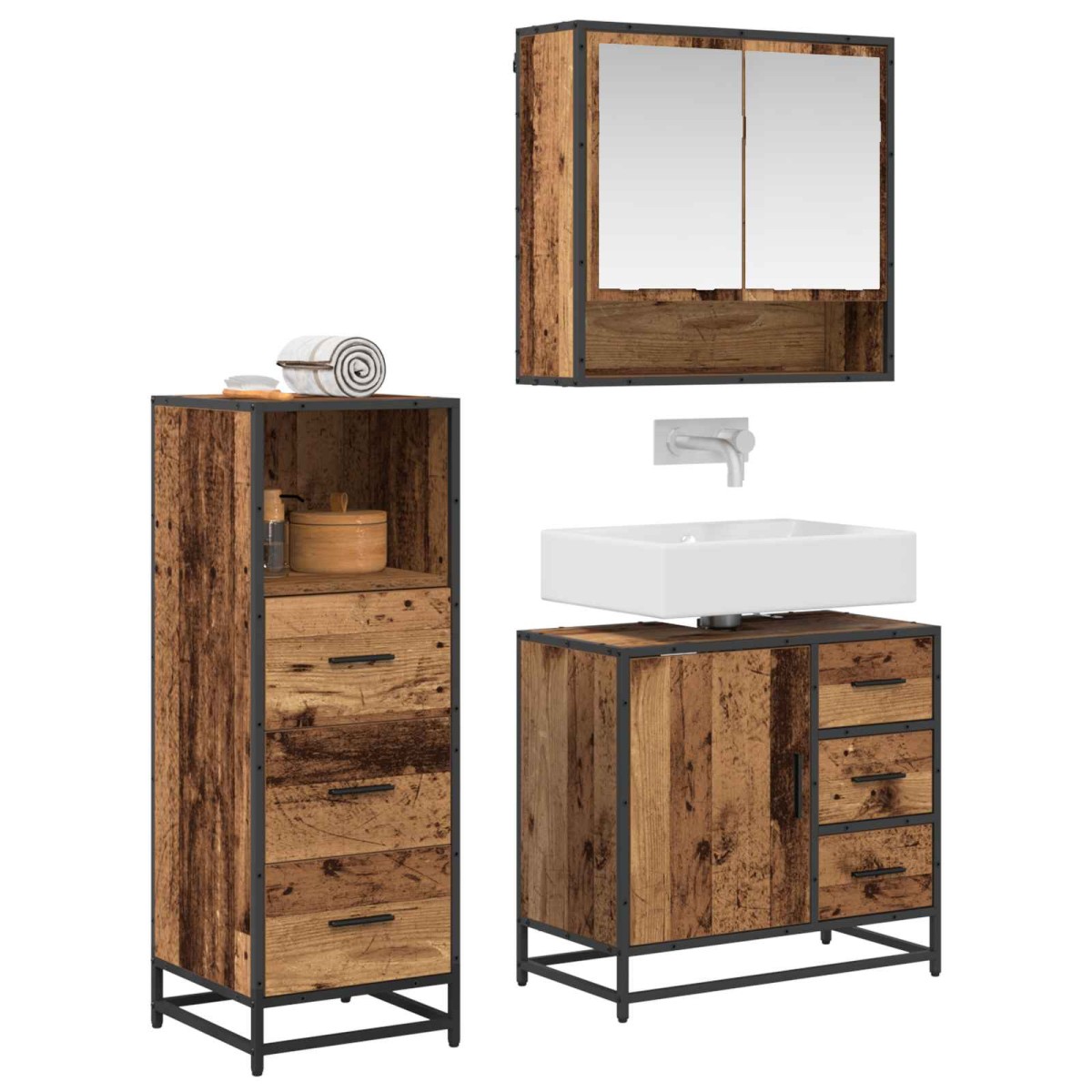 vidaXL Σετ Επίπλων Μπάνιου 3 τμχ. Παλιό Ξύλο 65 x 33 x 60 εκ