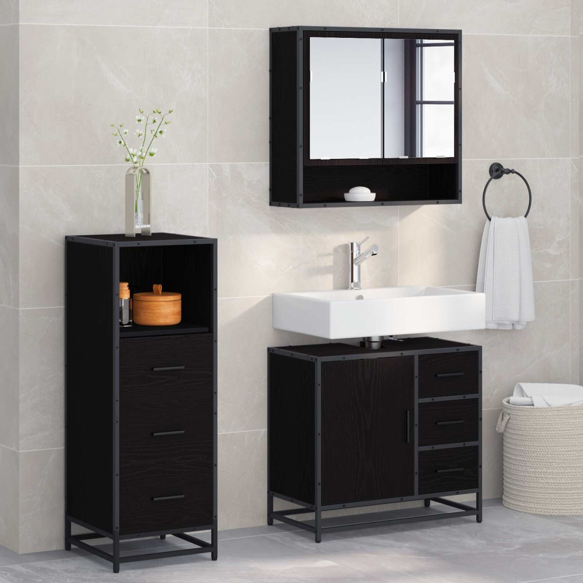 vidaXL Σετ Επίπλων Μπάνιου 3 τμχ. Μαύρη Οξυά 65 x 33 x 60 εκ