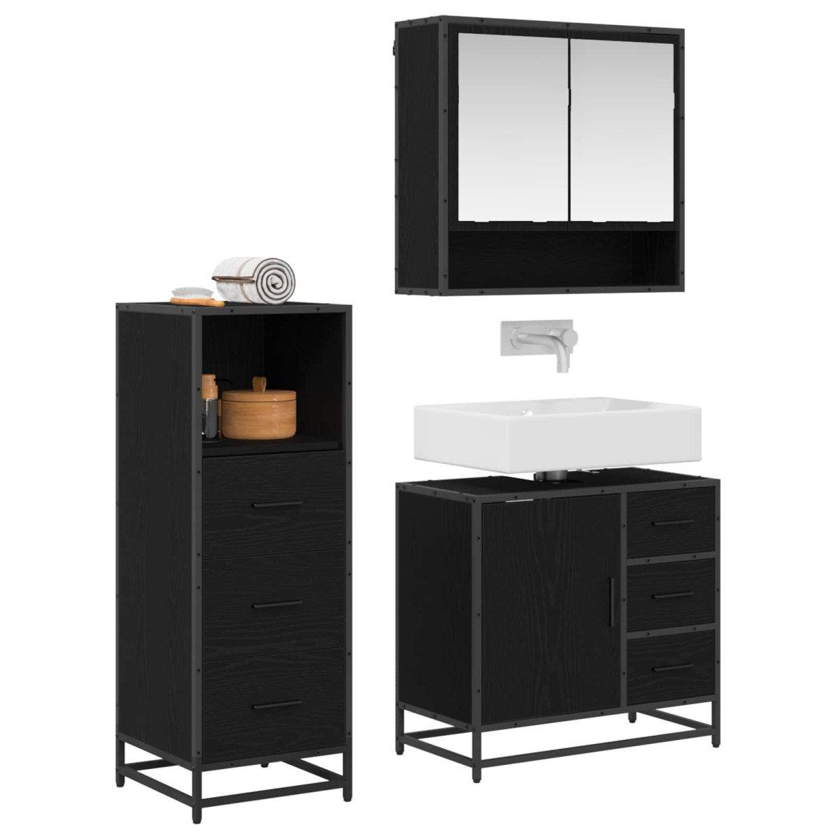 vidaXL Σετ Επίπλων Μπάνιου 3 τμχ. Μαύρη Οξυά 65 x 33 x 60 εκ